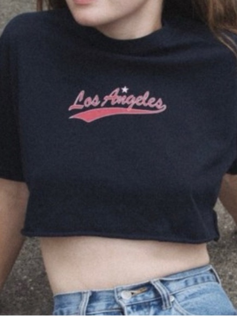 John Galt navy Crop Tee with red 'Los Angeles' Script graphic washout look